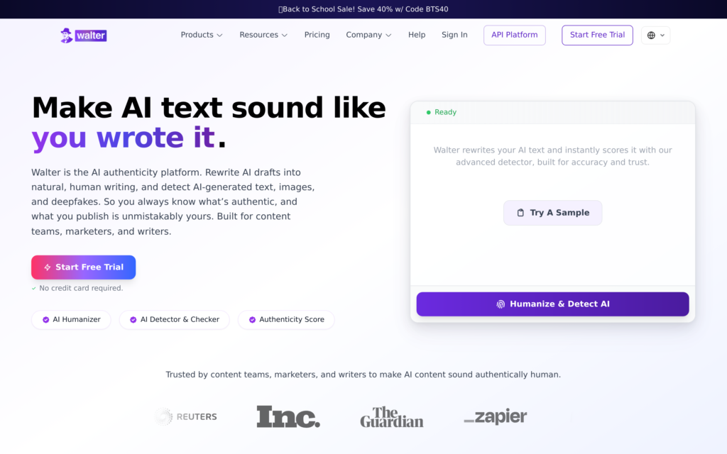 Screenshot of the Walter Writes homepage captured October 2026, showing the headline "Make AI text sound like you wrote it"