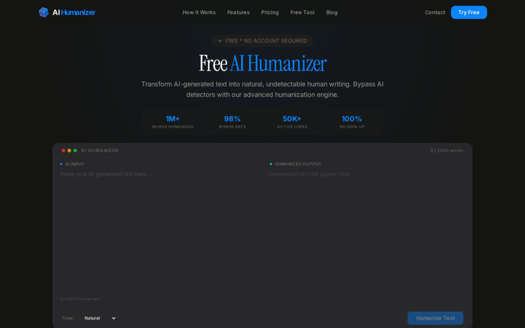 Screenshot of the aihumanizer.so homepage captured October 2026