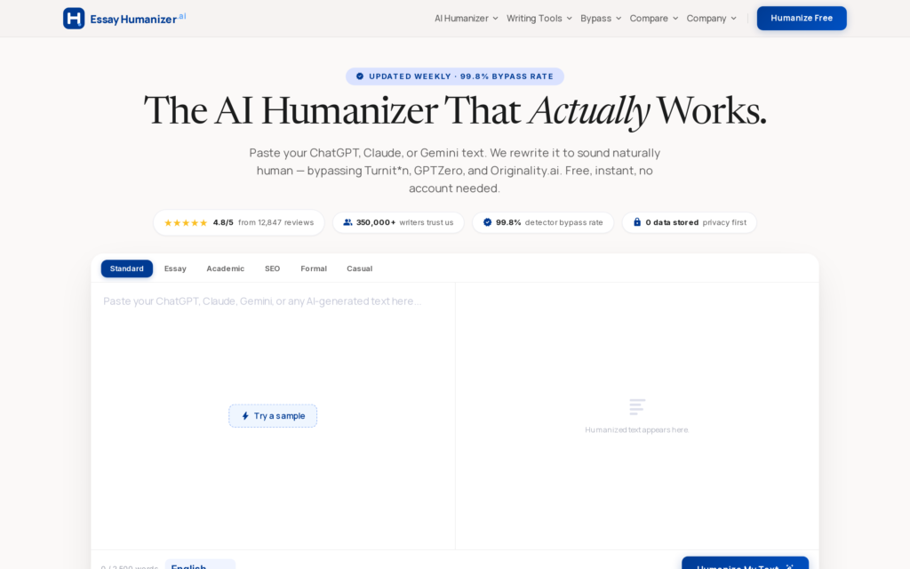 Screenshot of the essayhumanizer.ai homepage captured October 2026