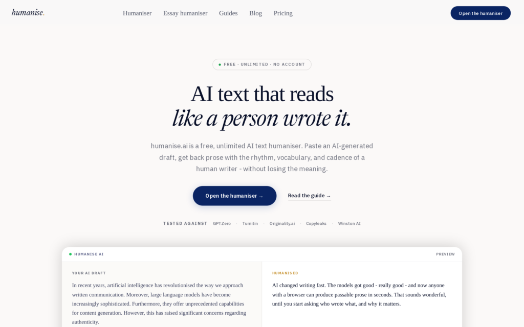 Screenshot of the humaniseai.ai homepage captured October 2026