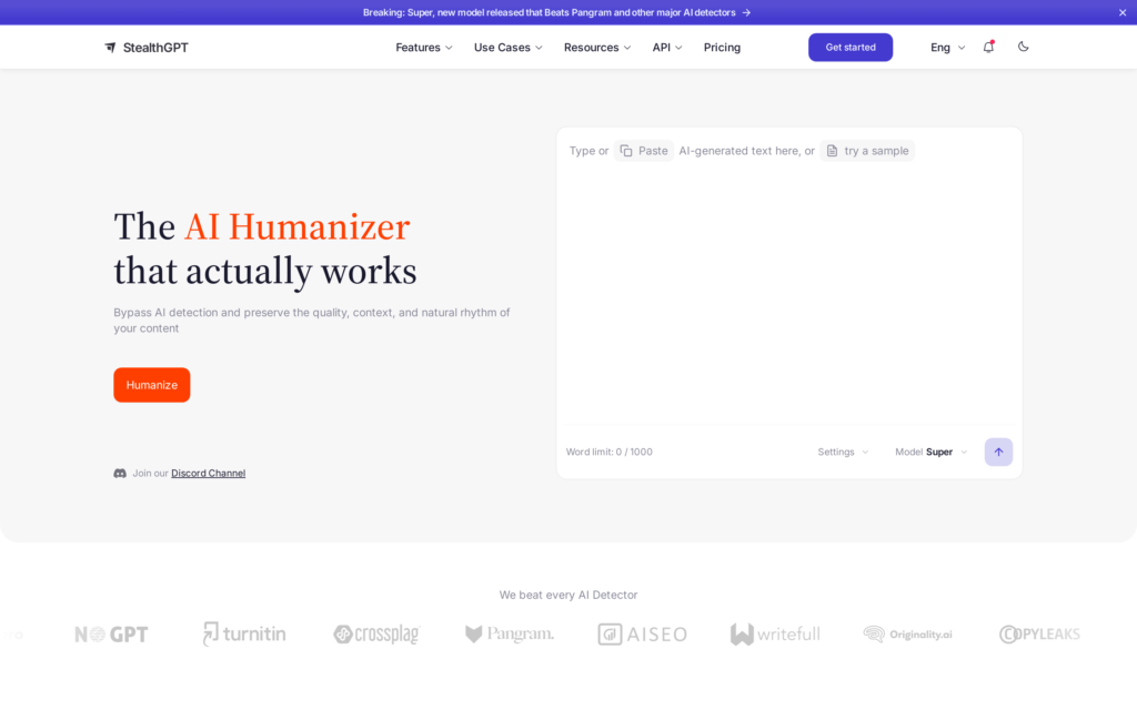 Screenshot of the StealthGPT homepage captured October 2026