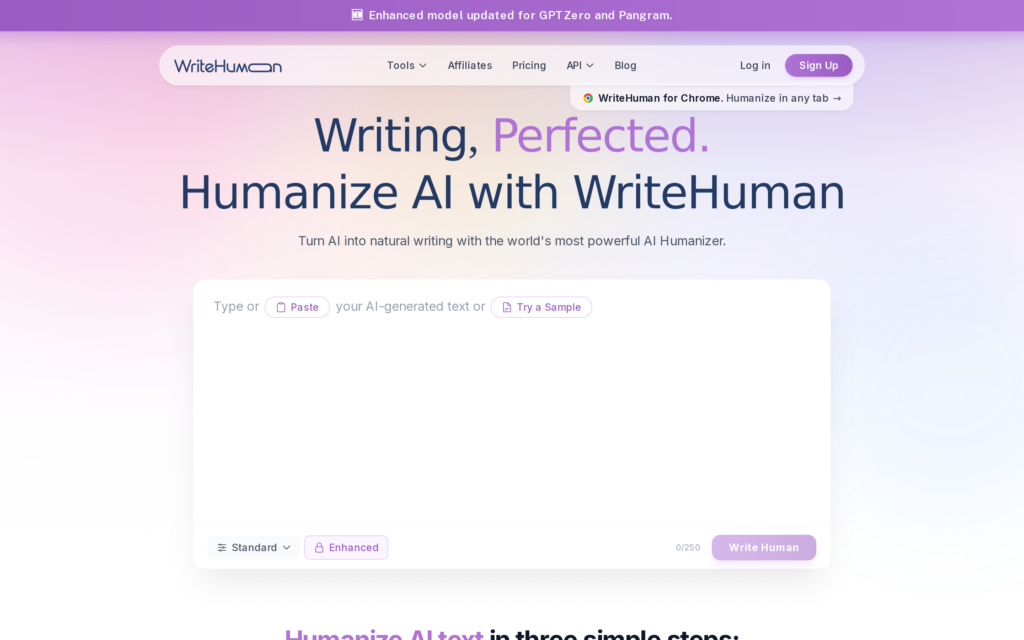 Screenshot of the WriteHuman homepage captured October 2026