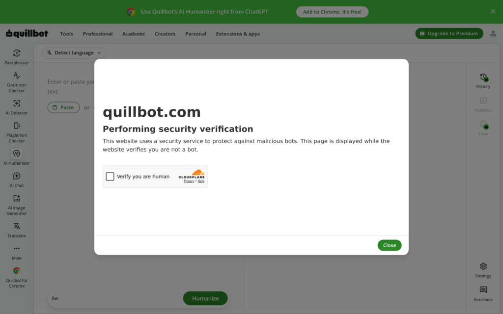 Screenshot of the QuillBot AI humanizer page captured October 2026